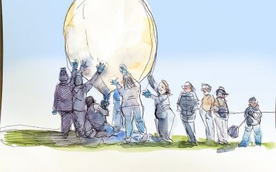 Ink and watercolor sketcfh of students inflating a high-altitude science balloon