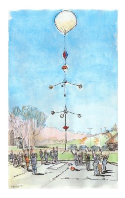 An ink and watercolor sketch of Aerospace and Ocean Engineering student experiments tethered to a scientific weather balloon being launched from Kentland Farm