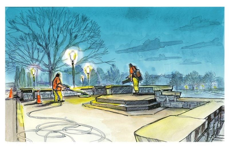 Ink and watercolor sketch of employees cleaning the reviewing stand at the April 16 Memorial