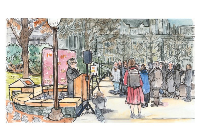 Ink and watercolor sketch of closing of the Sesquicentennial Time Capsule Closing