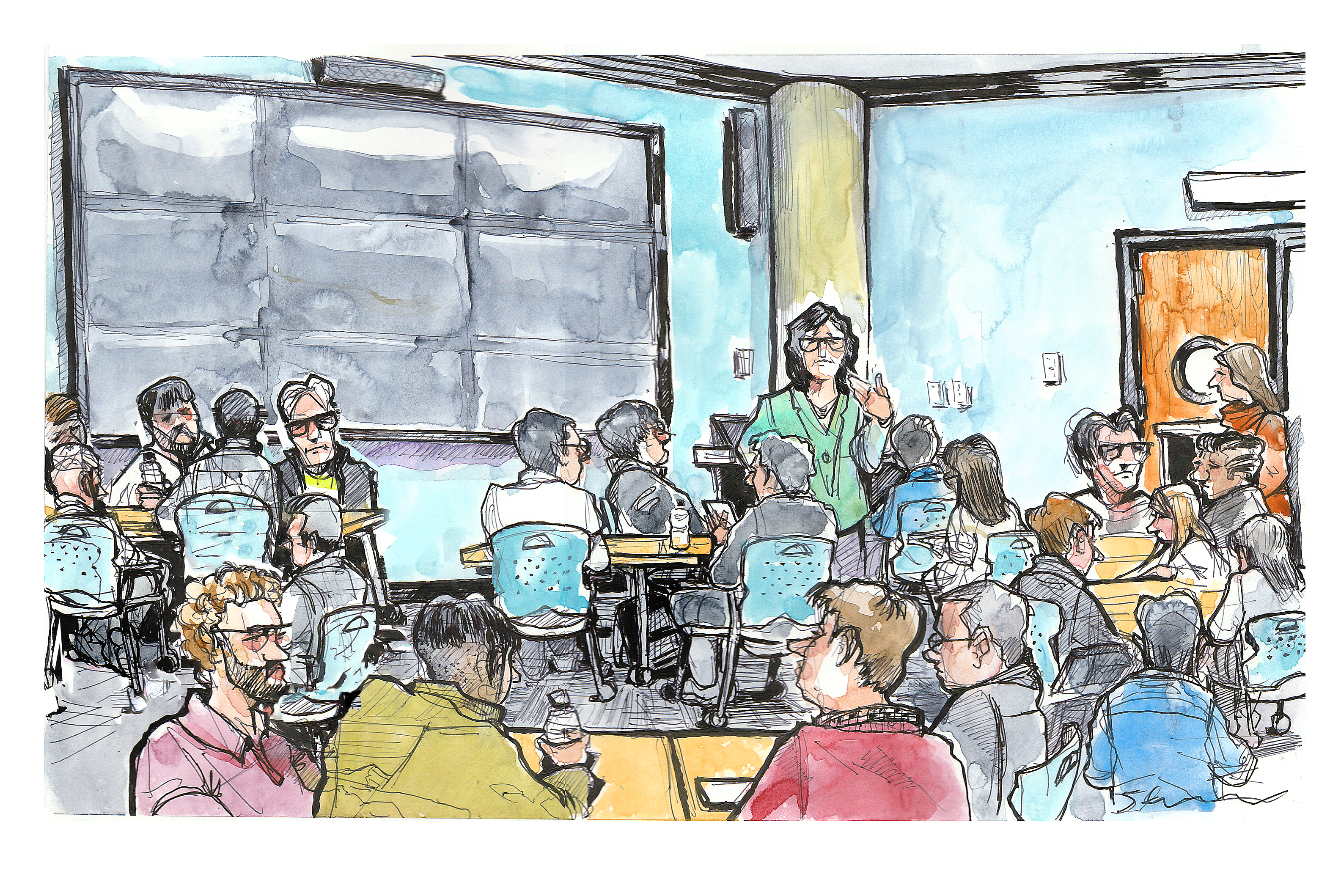 Ink and watercolor sketch of Robyn Gatens, NASA Director International Space Station; she's meeting here with a group of students and faculty in Torg room 1100 before her lecture in Haymarket Theatre