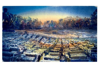 watercolor sketch of a field of hokie stone at sunset; hokie stone is covered with snow