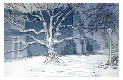 Digital sketch and color of a maple tree touside Newman Library with snow on the trunbk and lower boughs 