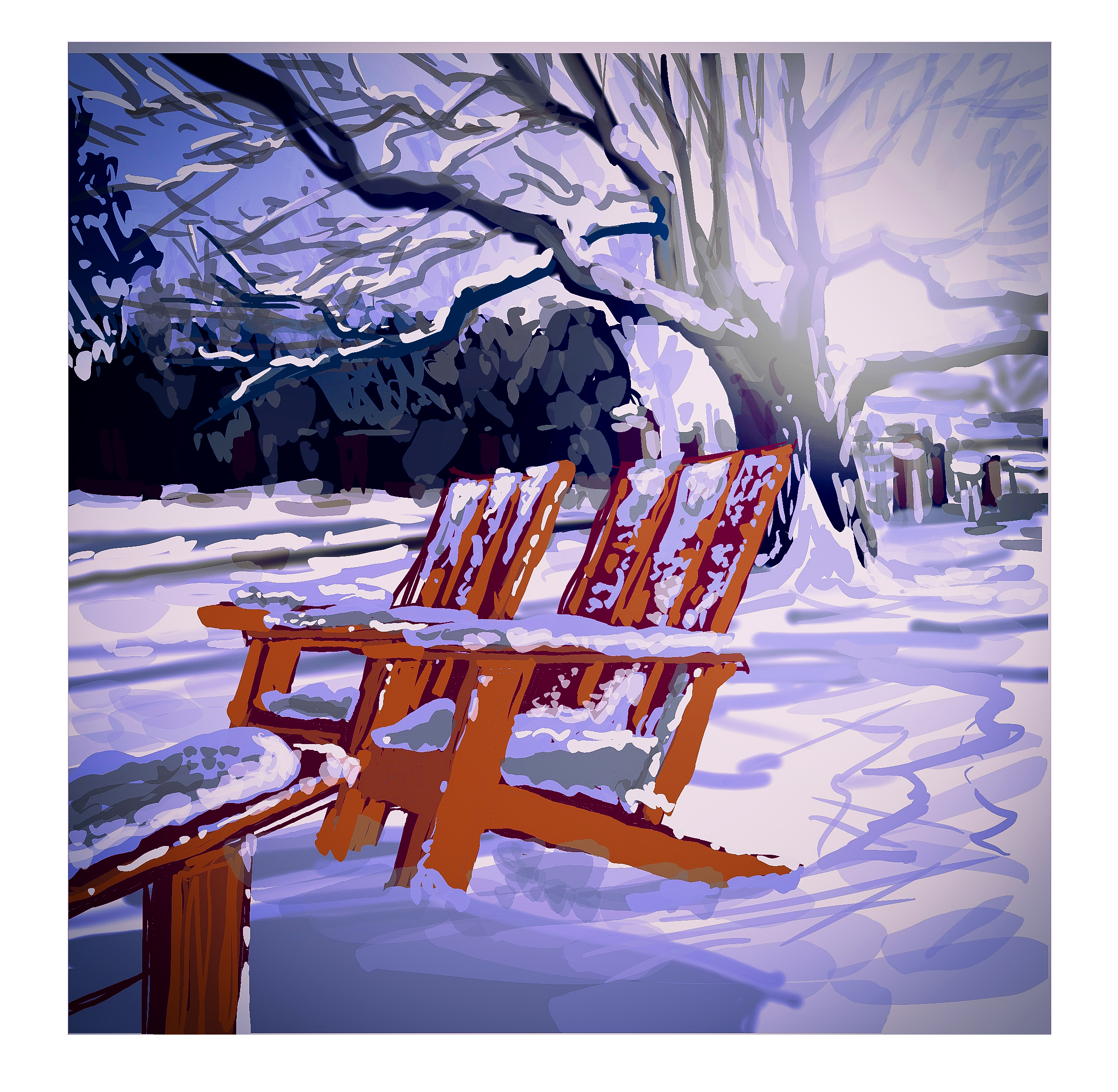 Digital painting of the orange Adirondack chairs at Squires under a snow covered elm tree