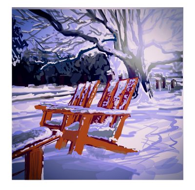 Digital painting of the orange Adirondack chairs at Squires under a snow covered elm tree