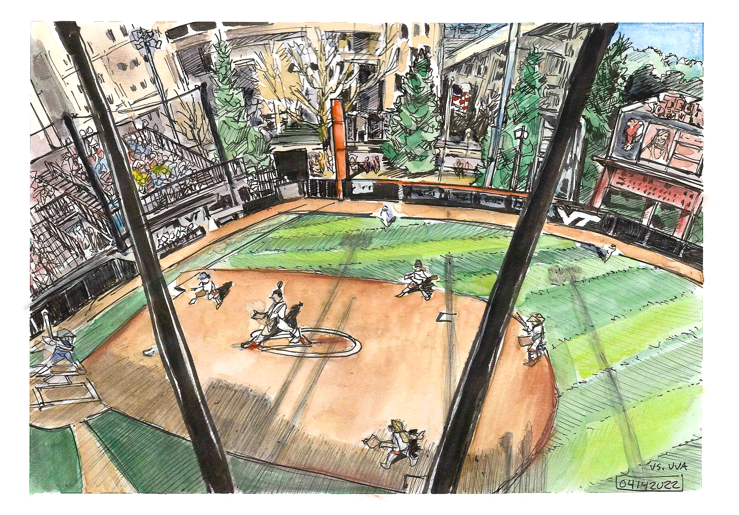 Ink and watercolor sketch of the Hokies softball team playing the University of Virginia