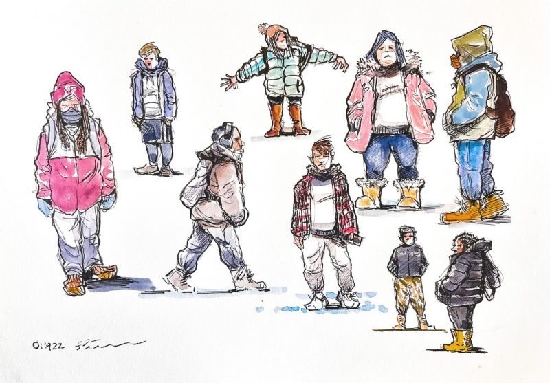 Ink and watercolor sketch of students in winter clothes