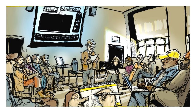 Digital sketch of speaker Harold Steward at the SOPA Speaker Series in teh community room of the blacksburg public library