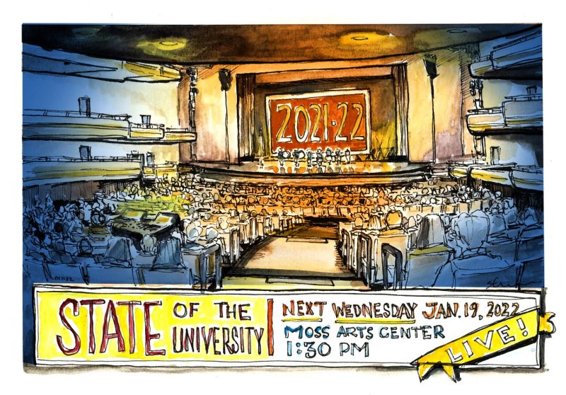 Gouache and ink sketch of state of the university promotion next week, Jan. 19, 2022