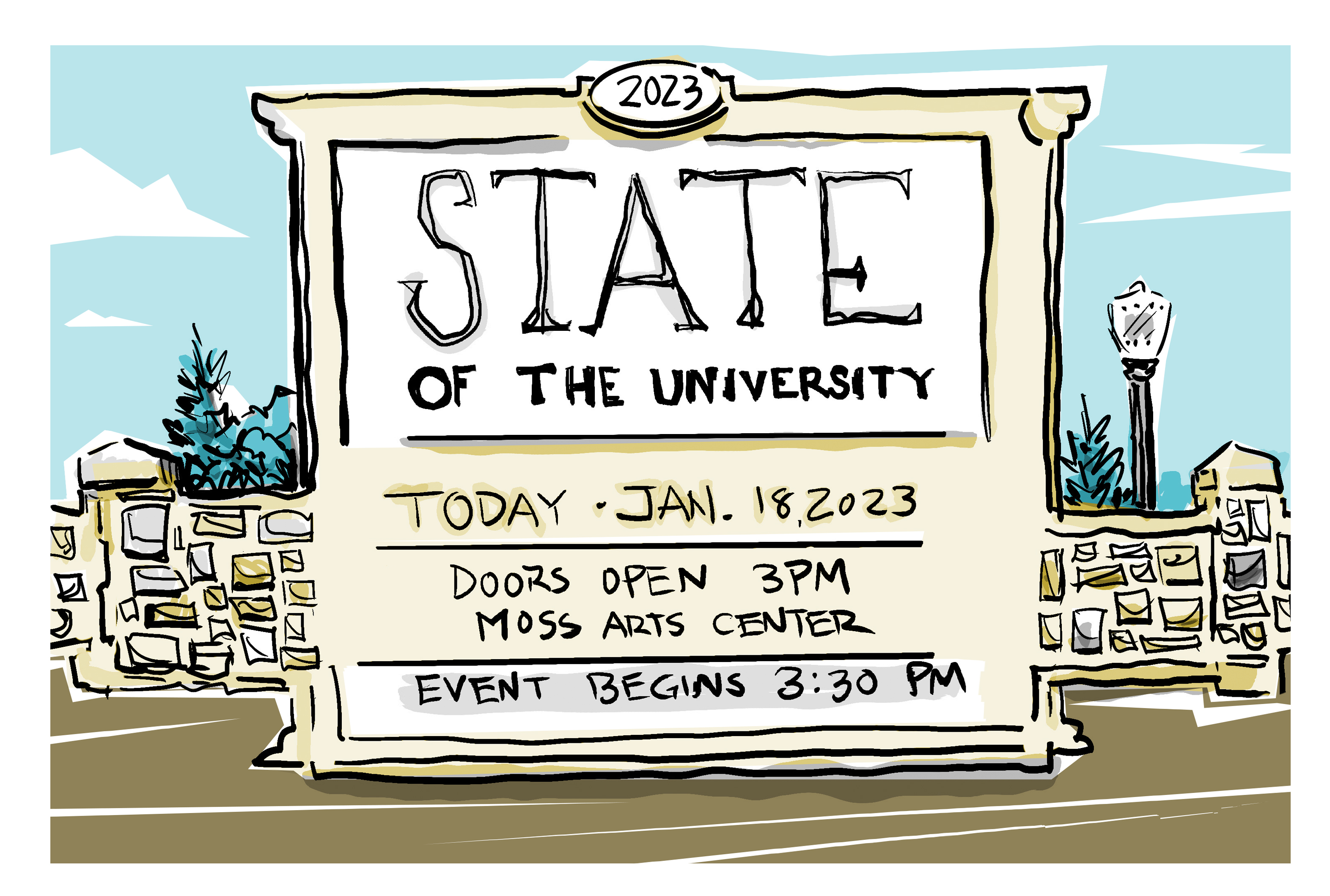 Digital sketch of a giant sign that says State of the University is today at 3:30 pm