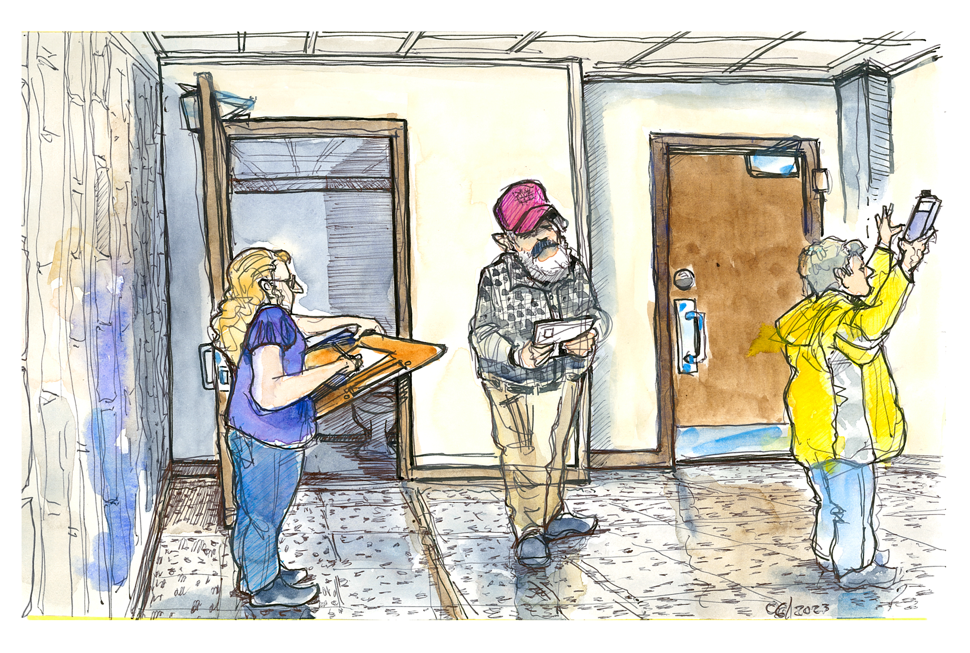 Ink and watercolor sketch of the space data team doinig an audit of space in the Hillcrest Hall basement