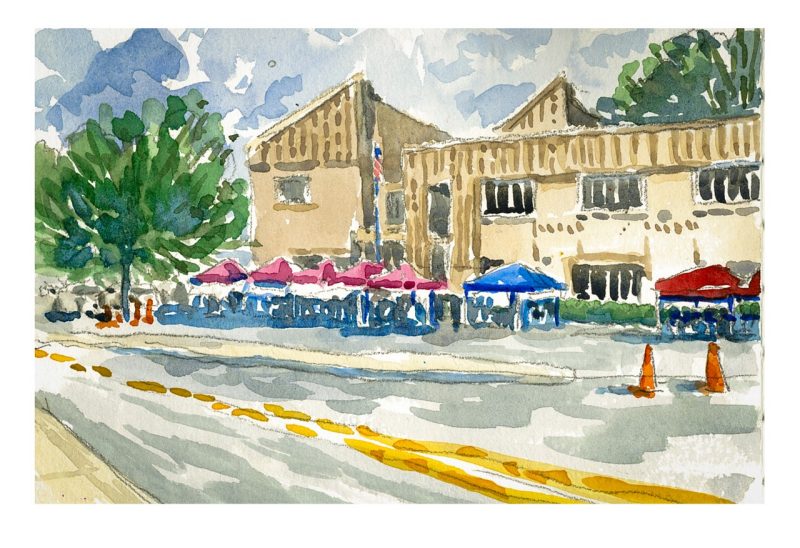 Watercolor sketch of the Virginia Tech Public Safety Building with tents and people getting hot dogs for the annual hot dog fund raiser for Special Olympics