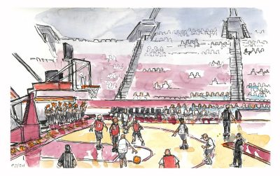 Ink and watercolor sketch of regional special olympic athletes playing basketball in cassell coliseum