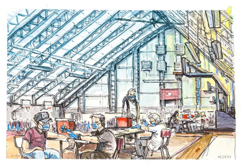 Ink and gouache sketch of the Hokie Wellness Booster Clinic inside the Rec Sports Field House
