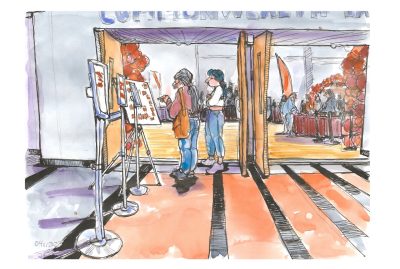 Ink and watercolor sketch of the entrance to Hokie Focus in the Commonwealth Ballroom inside Squires Student Center; two people look at a map of the organizations and administrative units present at the showcase. 