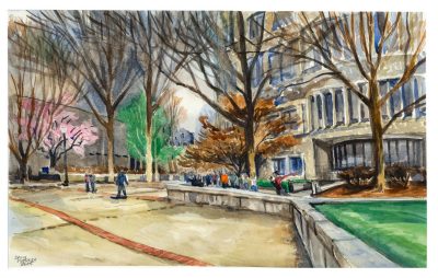 Watercolor of a campus tour along the Newman Library plaza