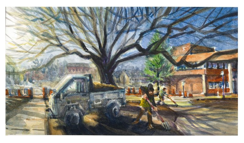 Watercolor with grounds employees installing spring mulch beds with bright sunlight illuminating the scene under a tree near Squires and Henderson Halls