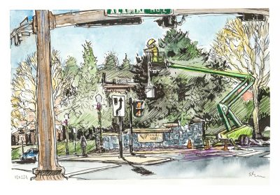 Ink and watercolor sketch of an employee stringing holiday lights on a tree on Alumni Mall