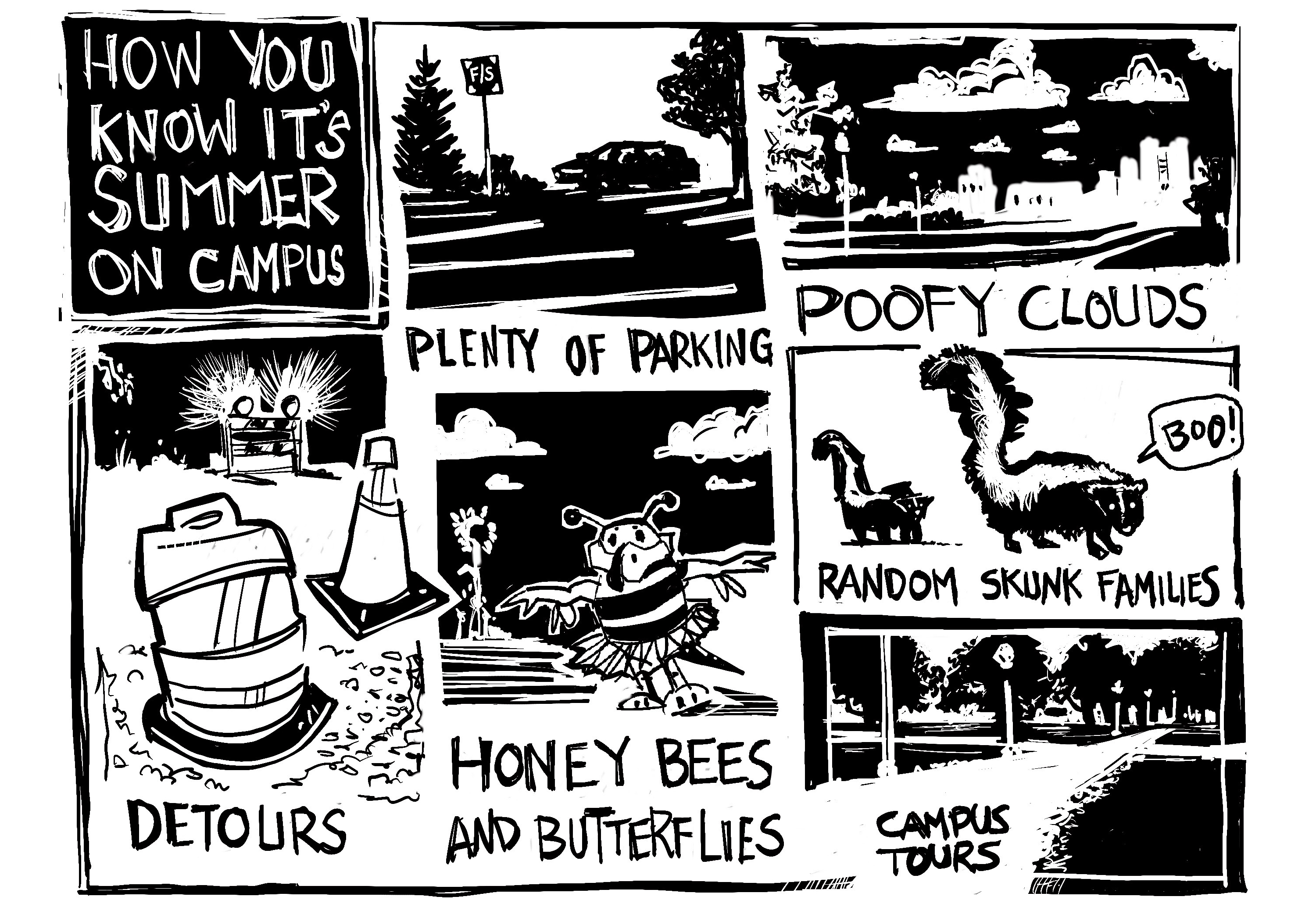 Digital series of panels showing campus life during the summer. Detours. Plenty of Parking. Honey bees and butterflies. Poofy clouds. Random Skunk Families. Campus Tours