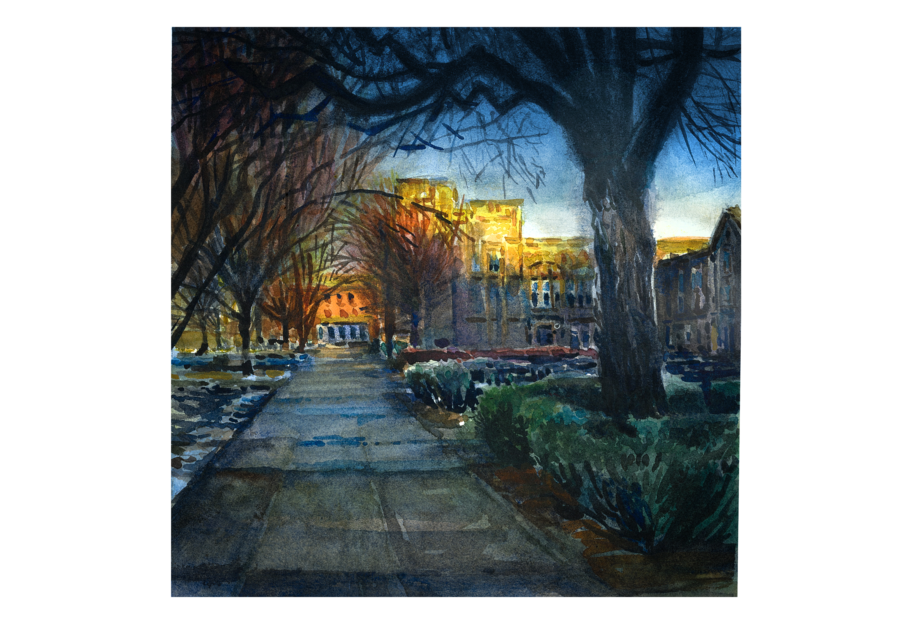 Watercolor sketch of the lower quad at sunset