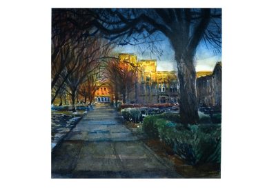 Watercolor sketch of the lower quad at sunset