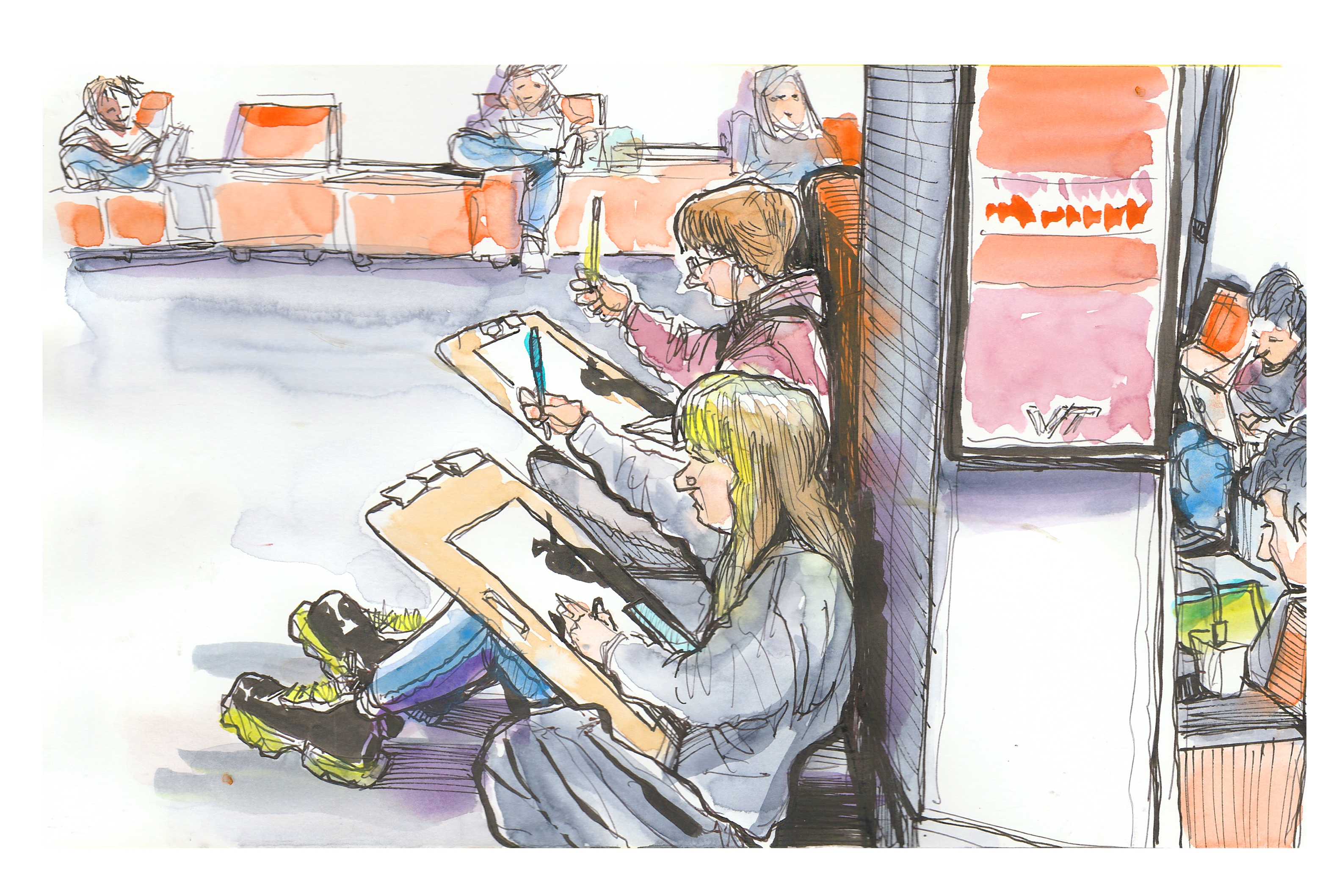 Ink and watercolor sketch of two students taking measurements for their sketches