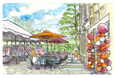 Sketch of the Holtzman Alumni Center patio during the Taste of Virginia event that was part of Alumni Weekend; the sketch shows people under umbrellas and tents enjoying food and drinks from around the Commonwealth