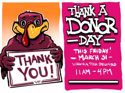 Digital sketch of promotion for thank a donor day featuring the hokiebird