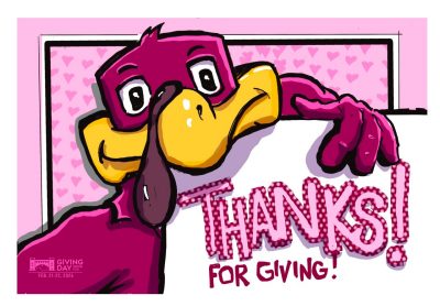 Digital sketch of the HokieBird holding a 'Thanks for Giving' sign for giving day 2024