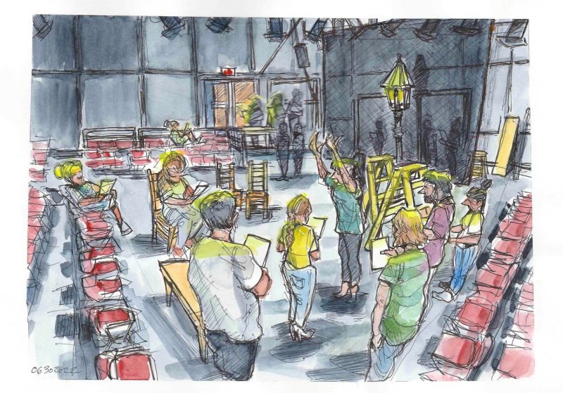 Ink and watercolor sketch of 'Our Town' rehearsal in Theatre 101