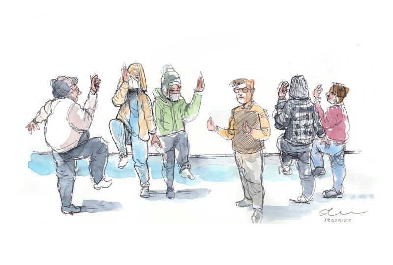 Ink and watercolor sketch of Theatre 101 'Flocking' exercise where attendees mimic the gestures of a flock leader