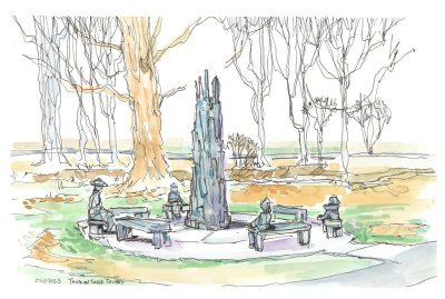 Ink and watercolor sketch of the Charlie Brouwer installation 'Think on These Things' at the Duck Pond