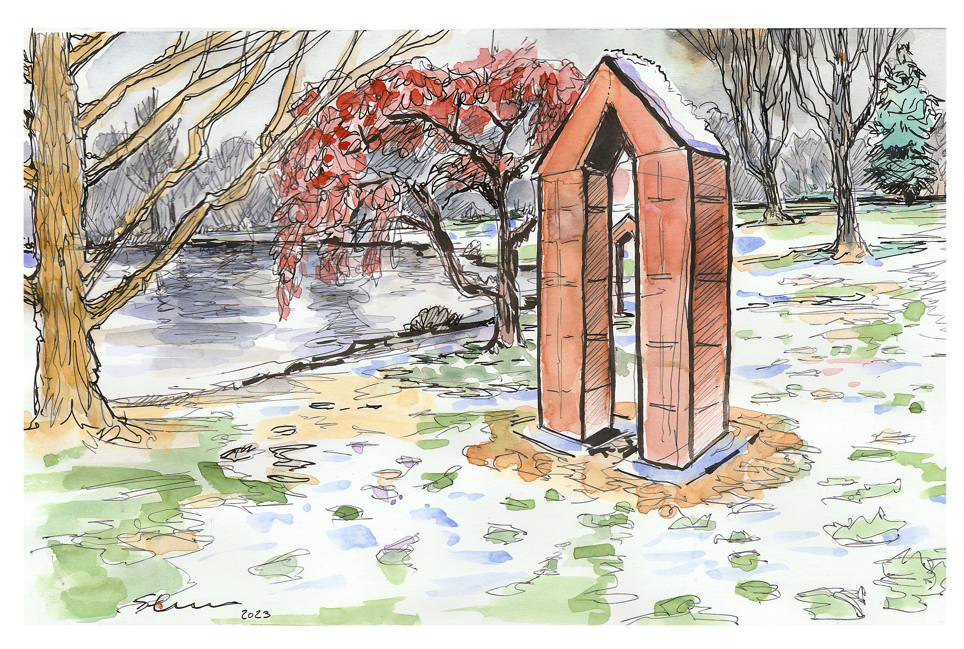 Ink and watercolor sketch of 'Thresholds' at the Duck Pond with a light dusting of snow that happened on March 12