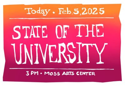 Digital lettering that says that the state of the university is today at 3pm at the moss arts center