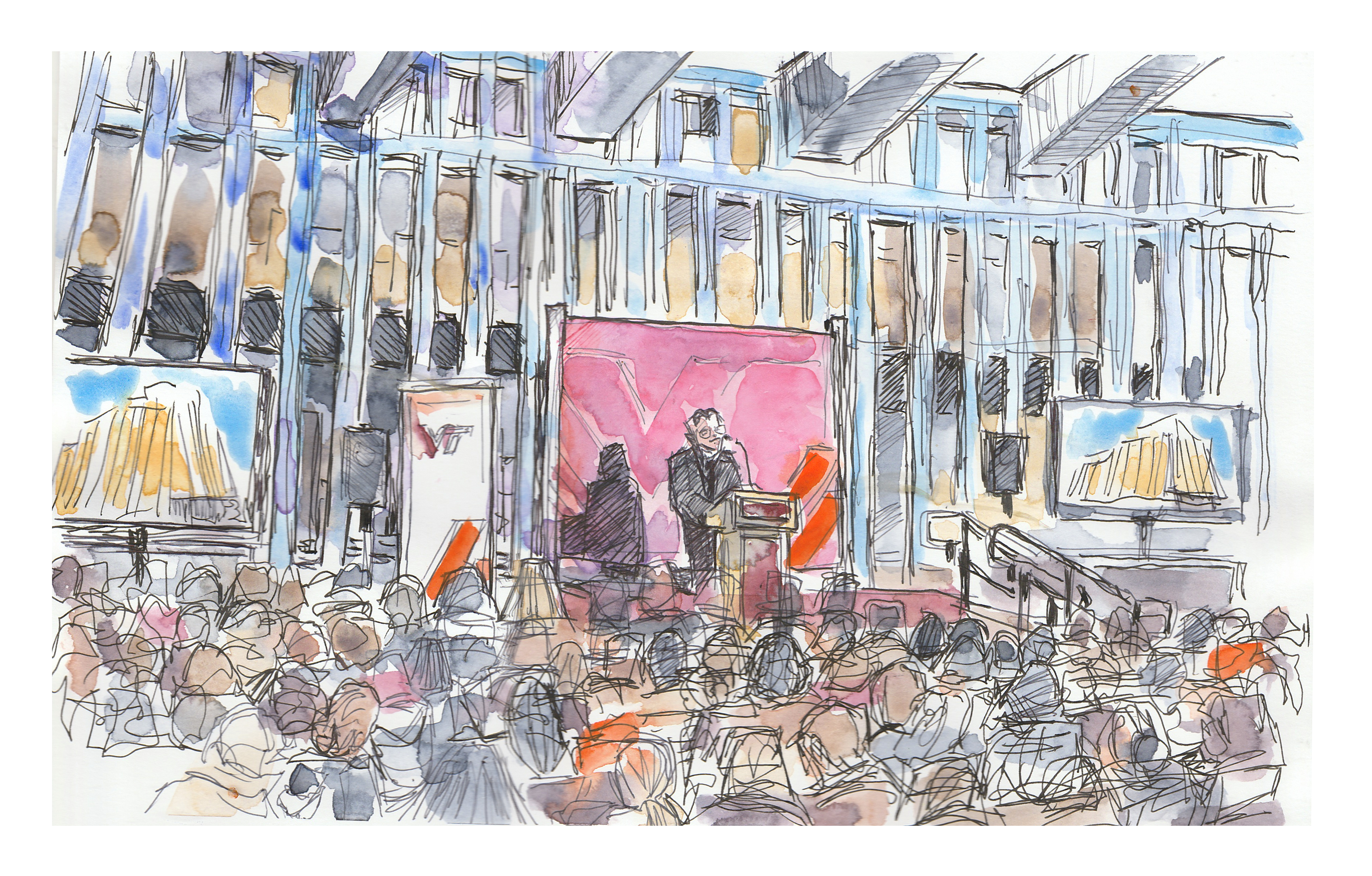 Ink and watercolor sketches from the Innovation Campus topping out ceremony on Feb. 7