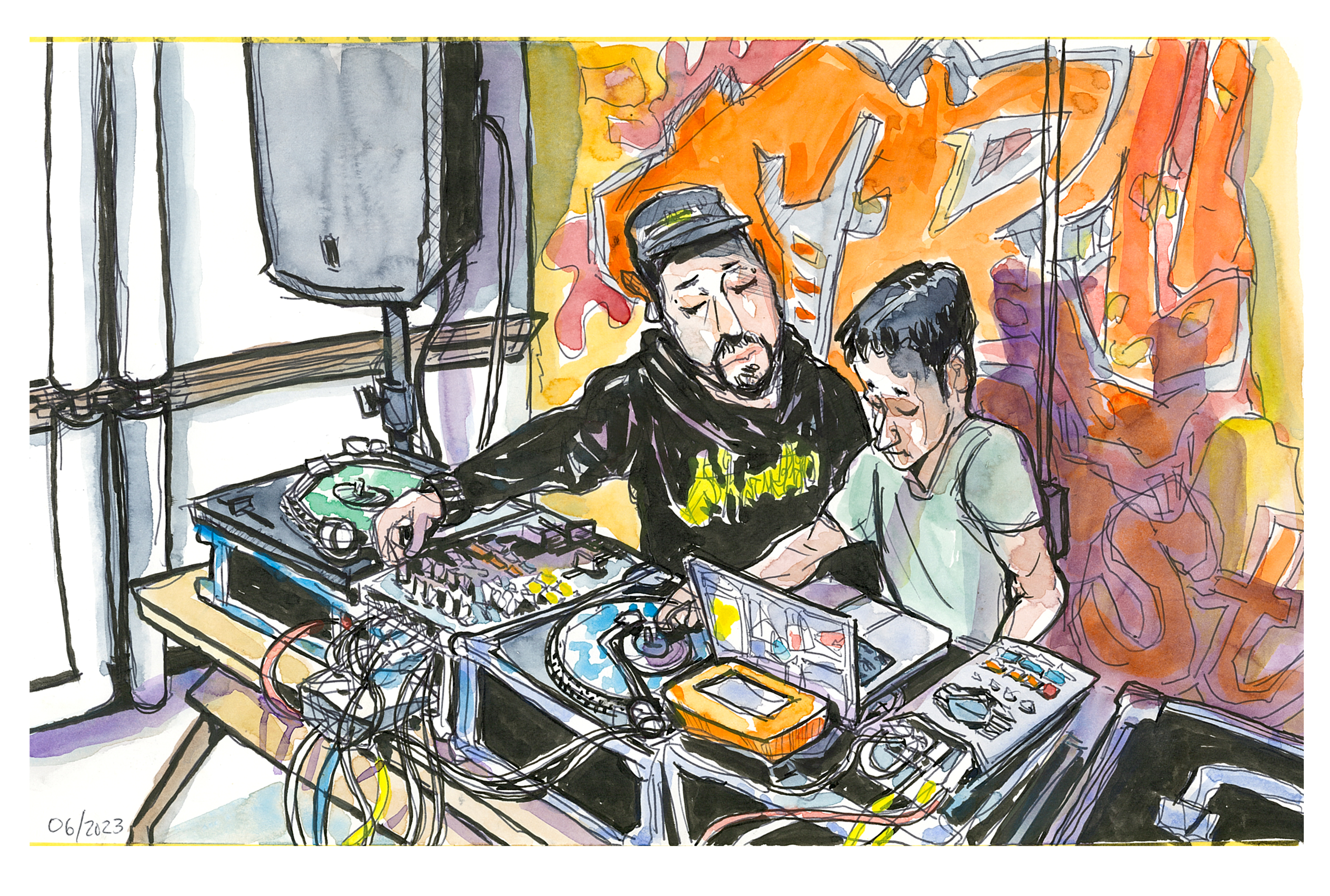 Ink and watercolor sketch of Craig Arthur in the True School Studios holding a DJ workshop for students