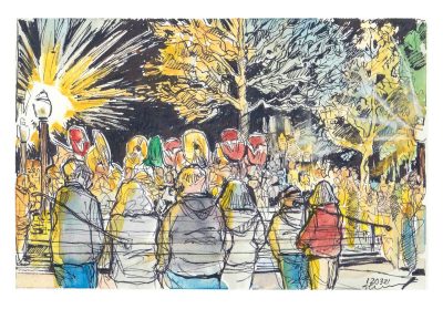 Ink and watercolor sketch of tubas on Henderson Lawn Square