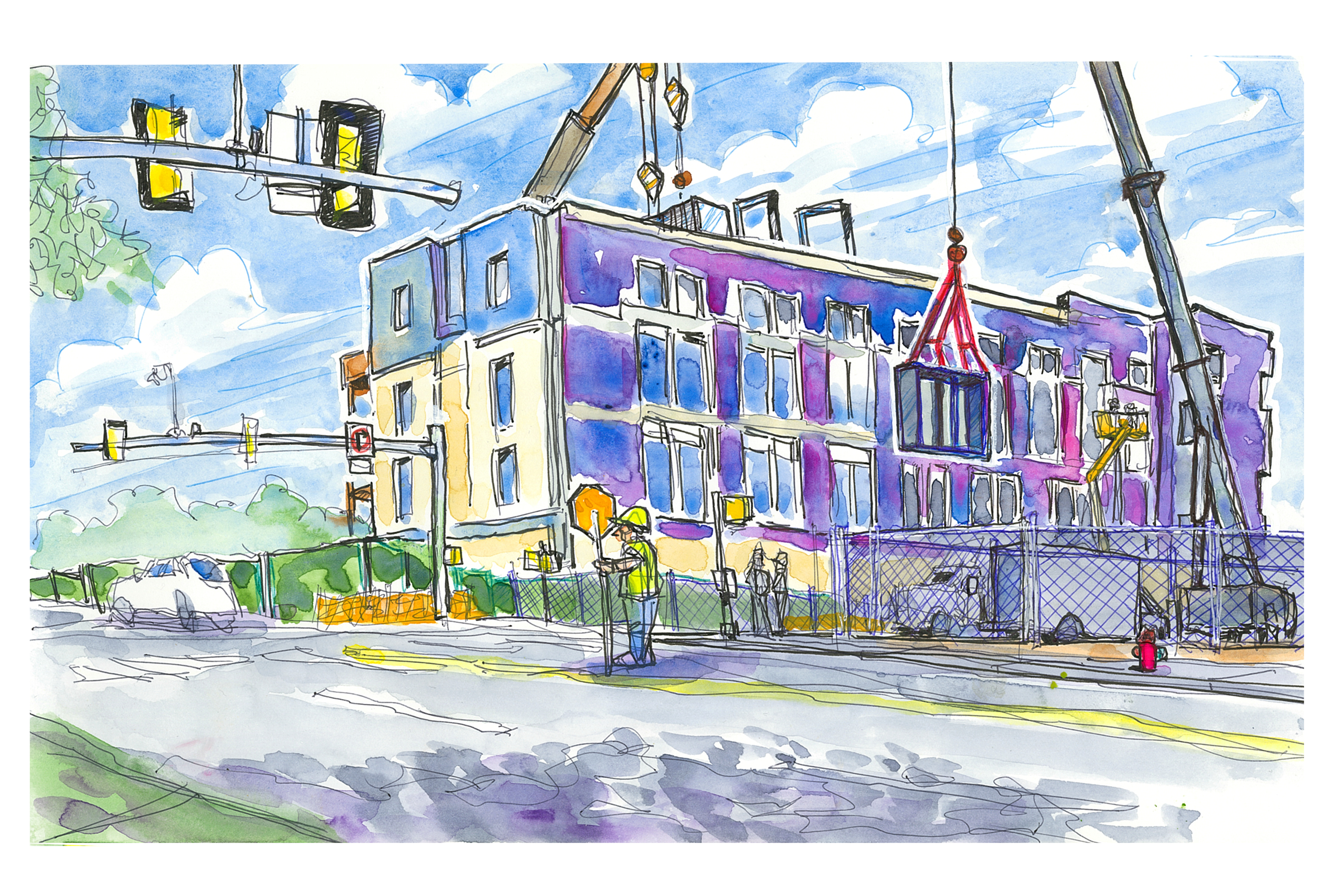 Ink and watercolor sketch of  Undergraduate Science Laboratory Building construction site