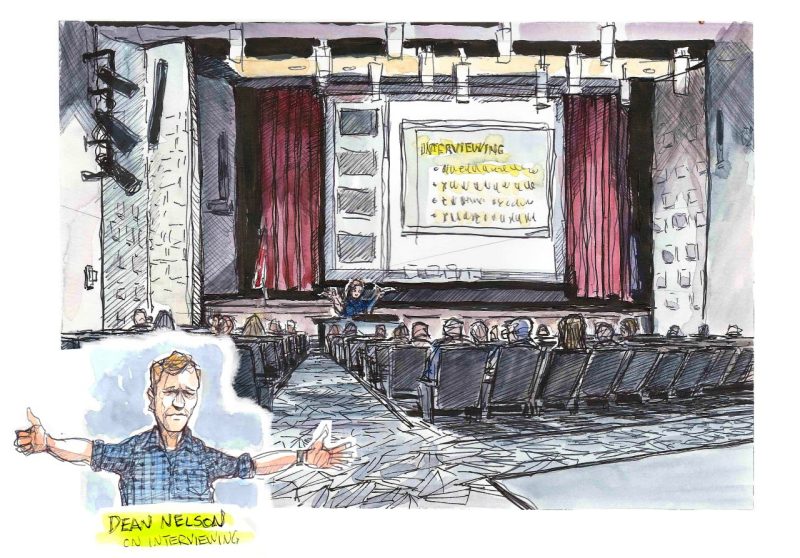 Sketch of Dean Nelson talking to university relations employees about interviewing skills and techniques