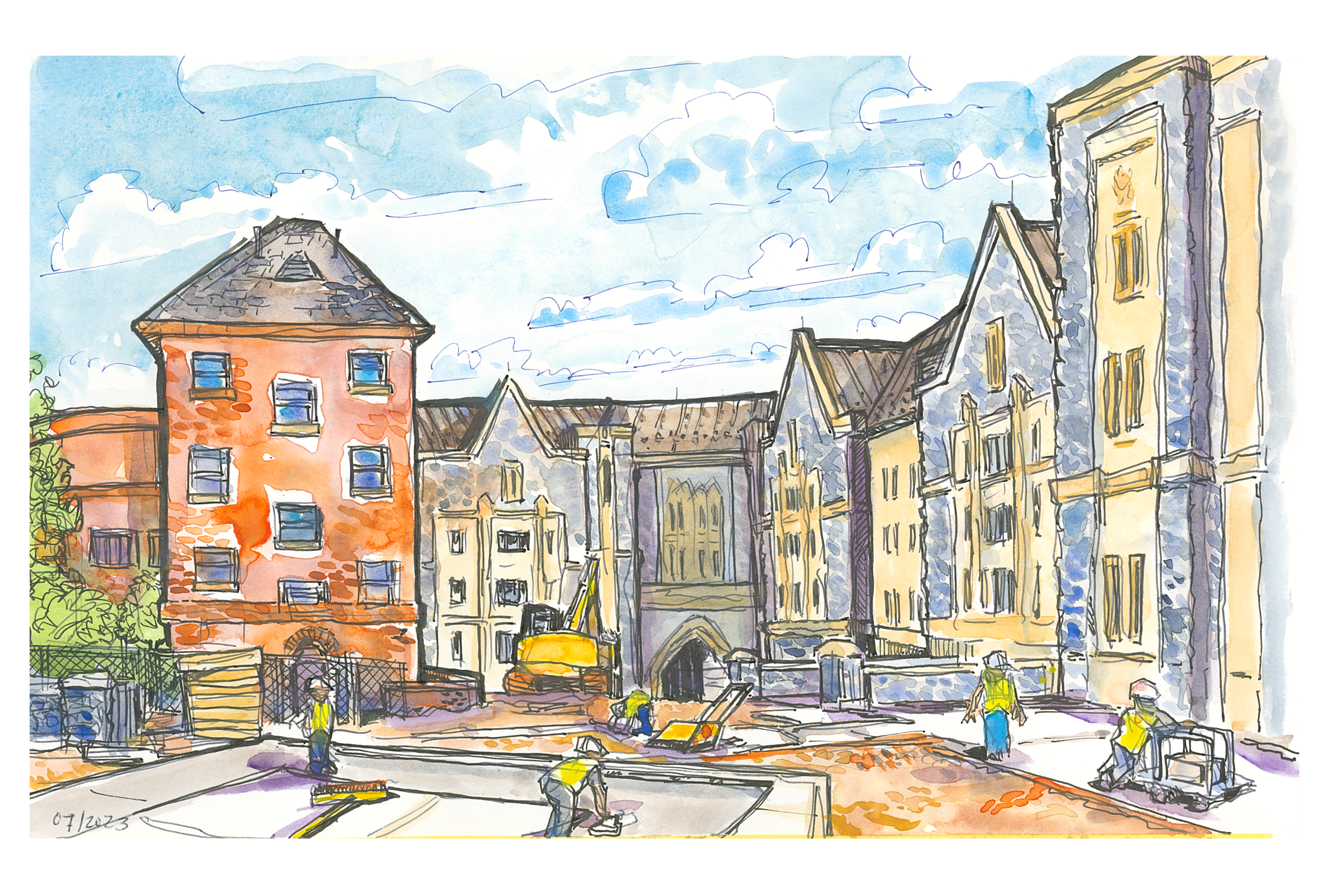 Ink and watercolor sketch of the Upper Quad as it enters the last weeks of construction before move-in begins
