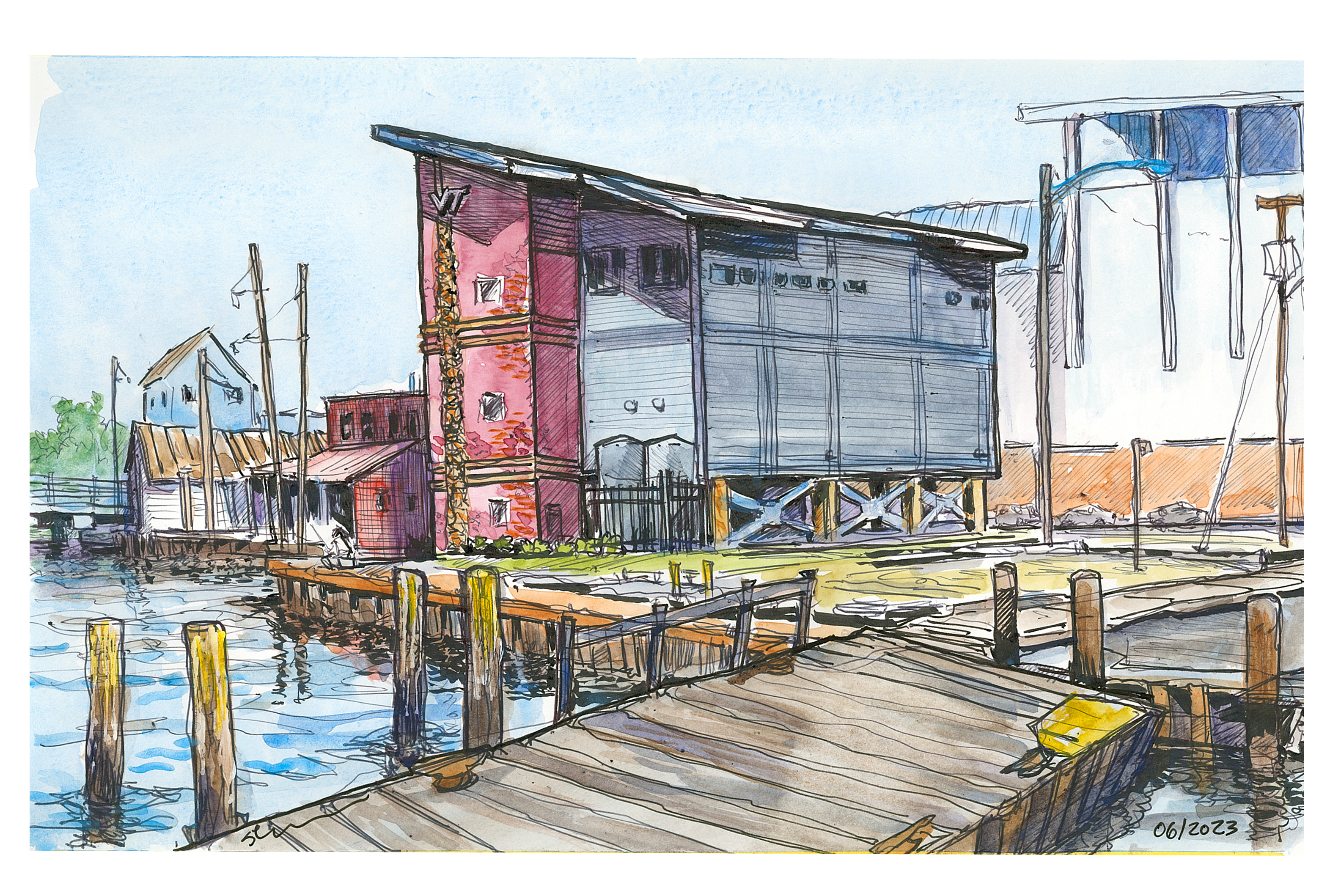 Watercolor and ink sketch of the Hampton Virginia seafood AREC 