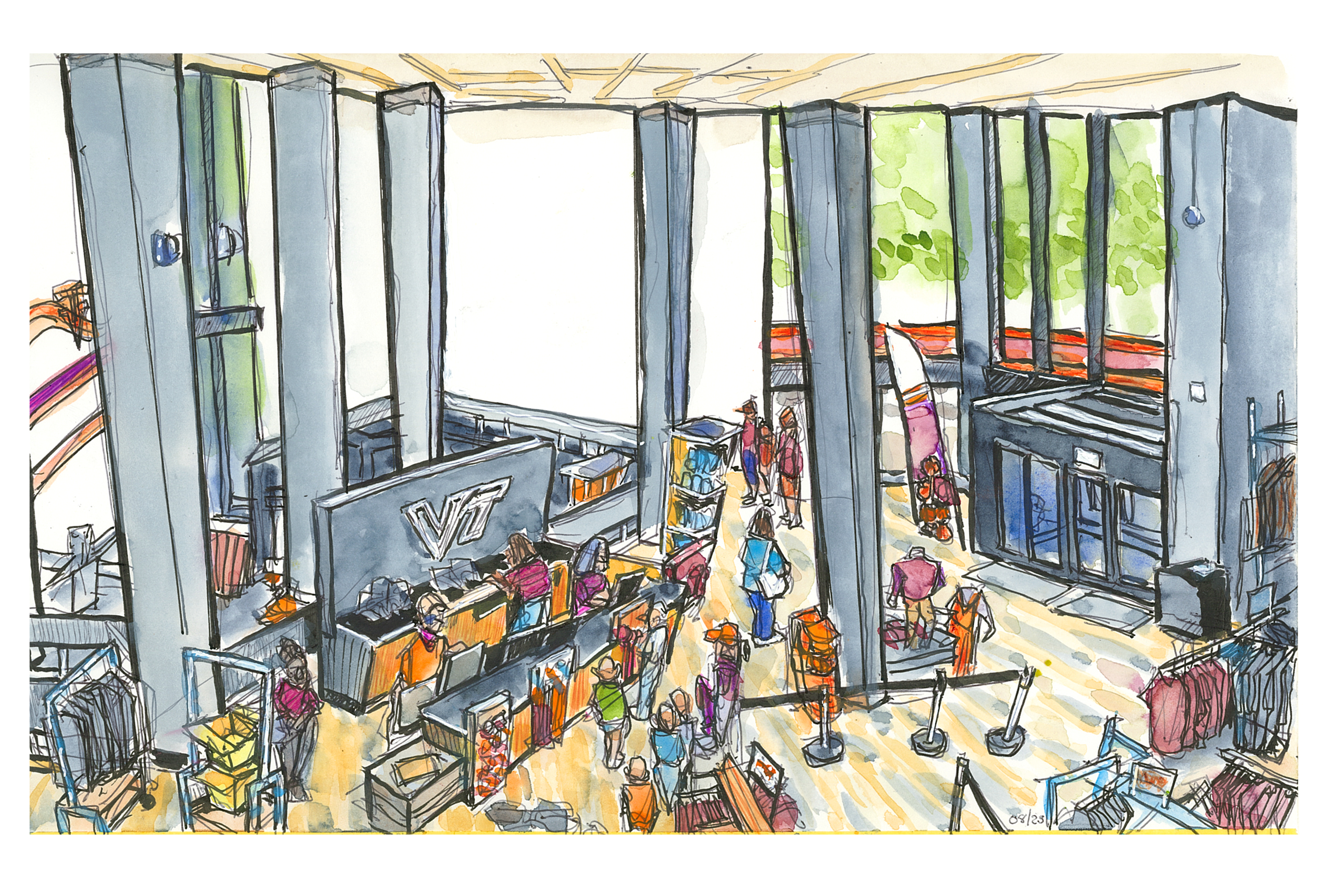 ink and watercolor sketch of the Virginia Tech Bookstore