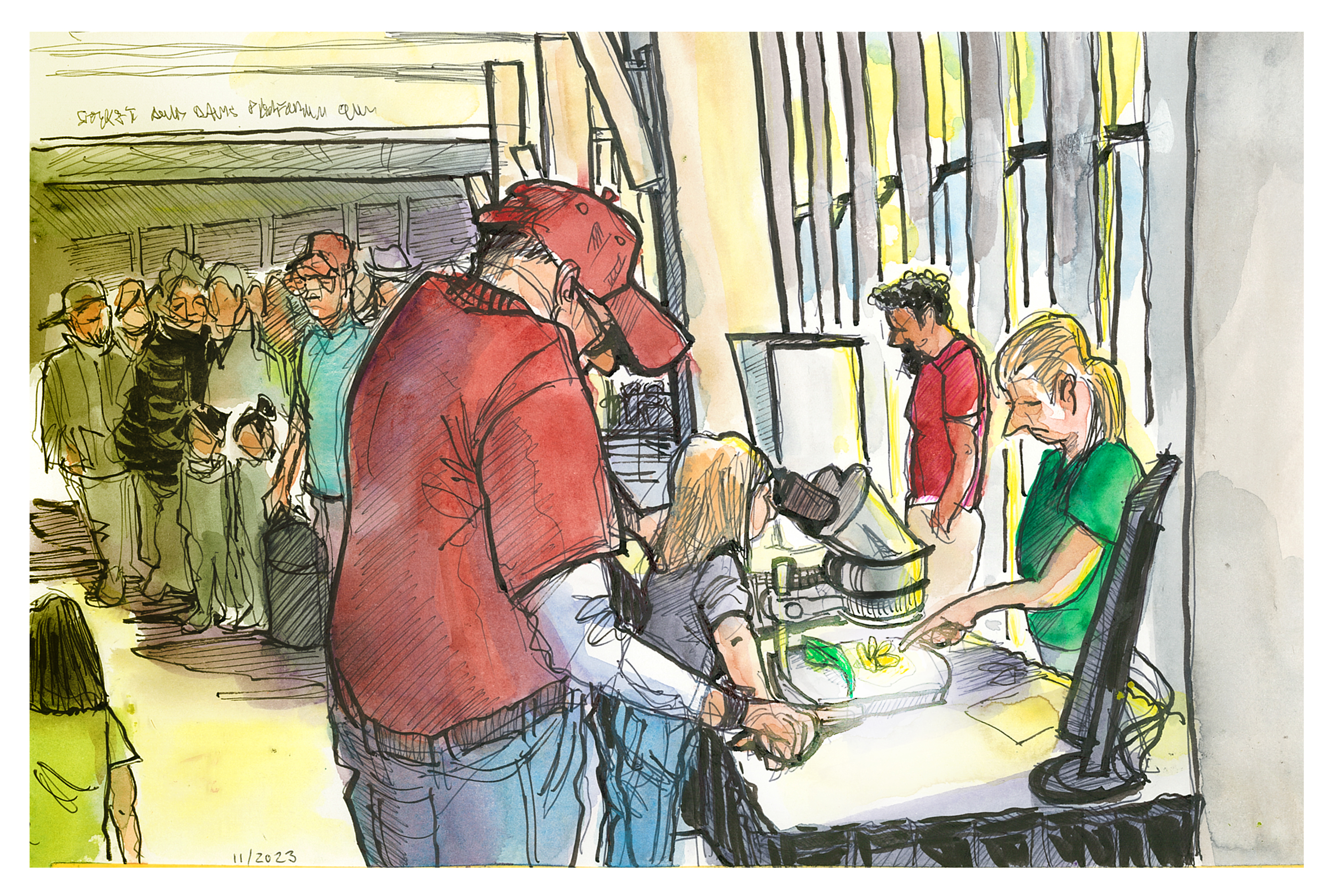 Ink and watercolor sketch of the 2023 Virginia Tech Science Festival