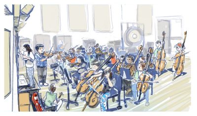 Ink and digital coloring sketch of the string project in their rehearsal space inside Squres; in the sketch are over 20 kids playing string instruments and at the front of the room are Virginia Tech students teaching and conducting