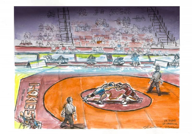 Ink and gouache sketch of Virginia Tech wrestling versus Duke in Cassell 