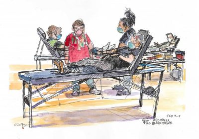 Ink and watercolor sketch of employees and students donating blood with the Red Cross
