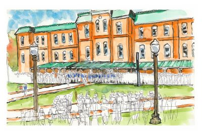 Ink and watercolor sketch of the upper quad's Lane Hall and the virginia tech corps of cadets during evening formation