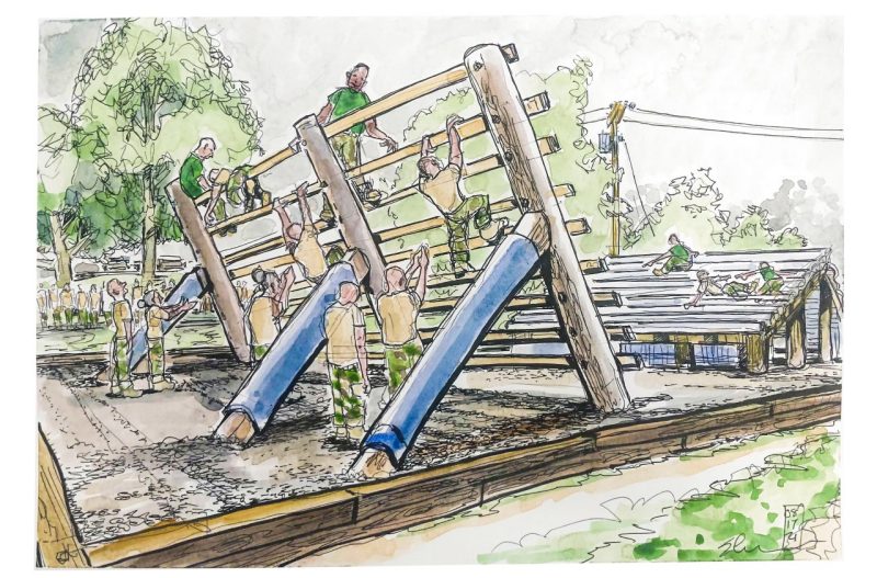 Sketchin in ink and watercolor of a climbing structure at the VTCC obstacle course. Cadets are climbing while supervised by members of the VTCC Cadre