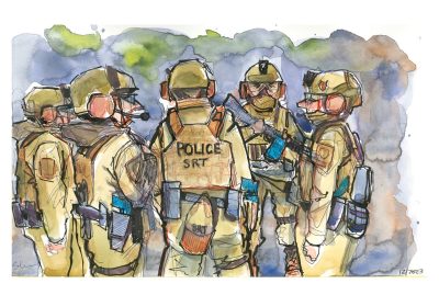 Ink and watercolor sketch of SWAT teams doing tacticle training for emergency response scenarios like hostage situations