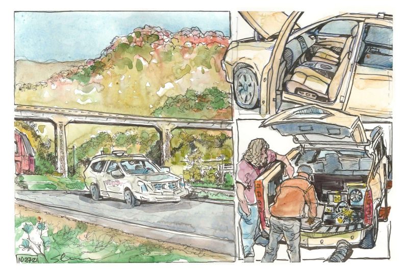Ink and watercolor sketch of VTTI's autonomous vehicle research on the rural test track